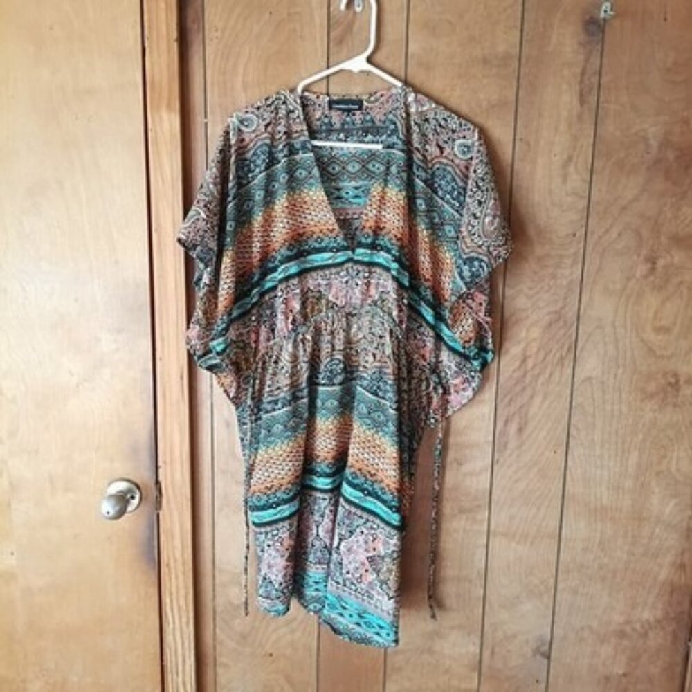Fashion Fuse Boho Print Dress Size XL Tie Waist Multicolor Flowy Midi Dress